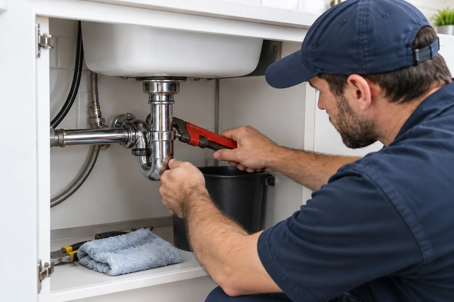 Plombier travaillant sous un évier